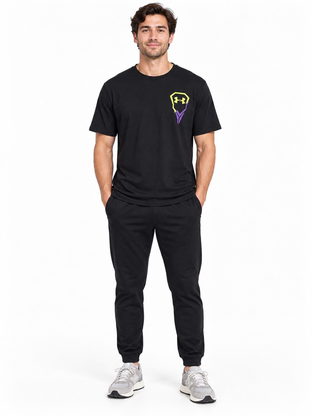 Under Armour Men’s Black Graphic T-Shirt Medium Neon Yellow Purple Logo